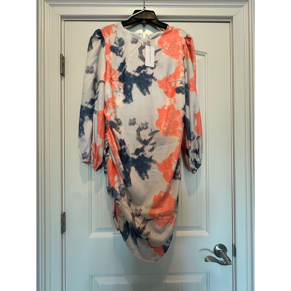 Honey & Beau Ruched Tie Dye Asymmetrical Mini Dress Coral Navy Blue US 12 NEW